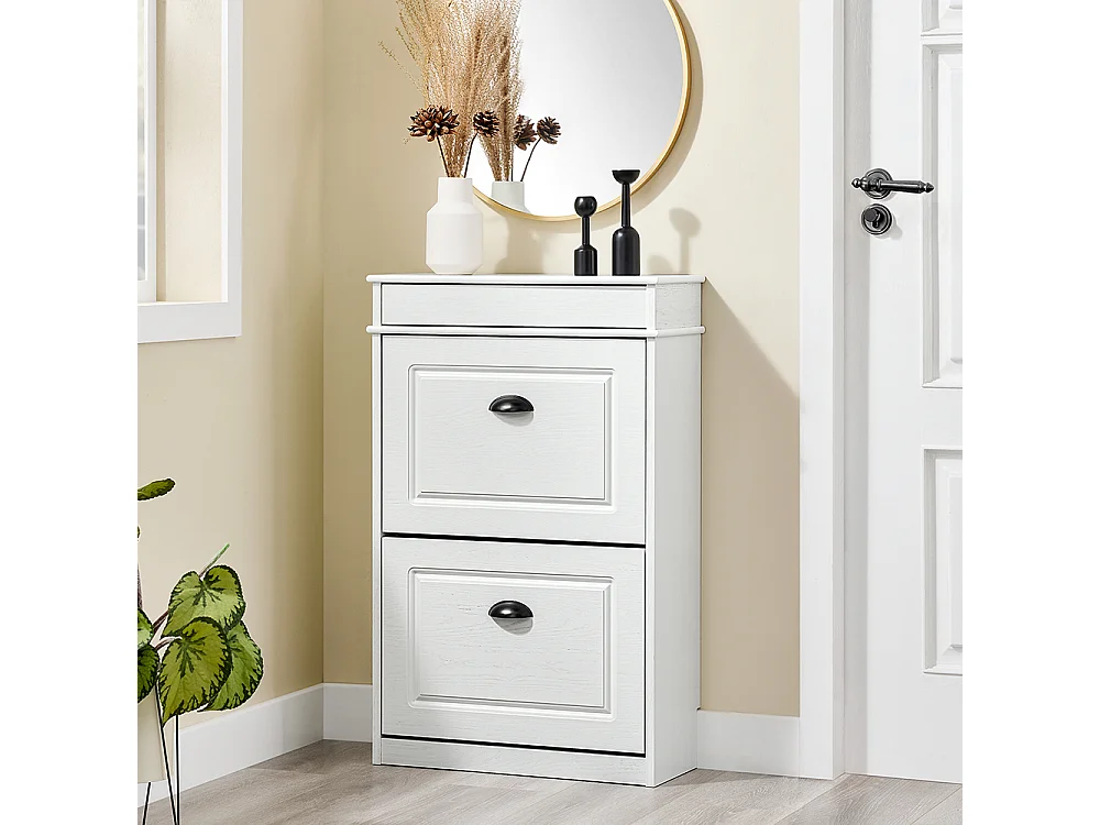 SoBuy Wąska szafka na buty oszczędzająca miejsce z 2 składanymi drzwiami nowoczesna biały efekt postarzanego drewna 54x24x82cm