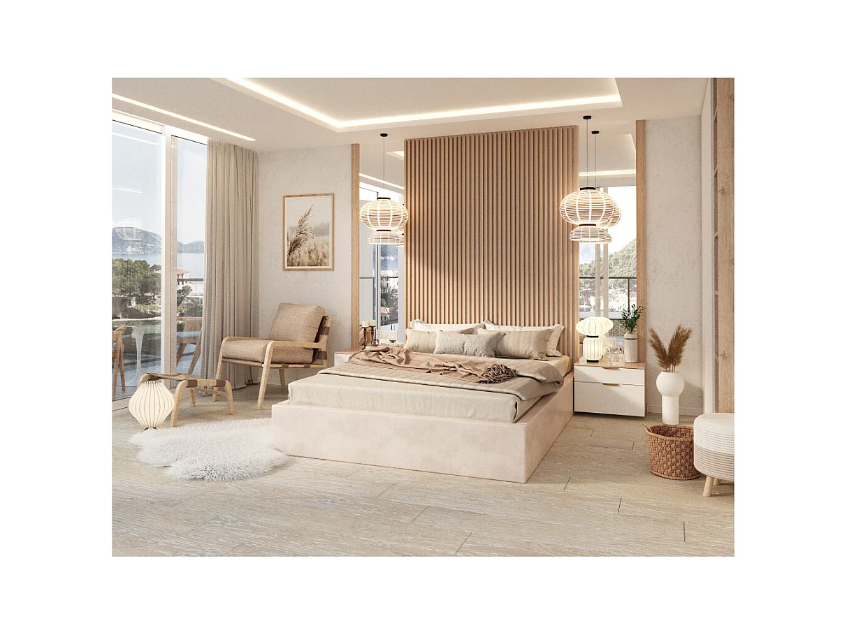 Lit coffre Orlane 140 x 190 cm avec sommier à lattes relevable Beige Foncé