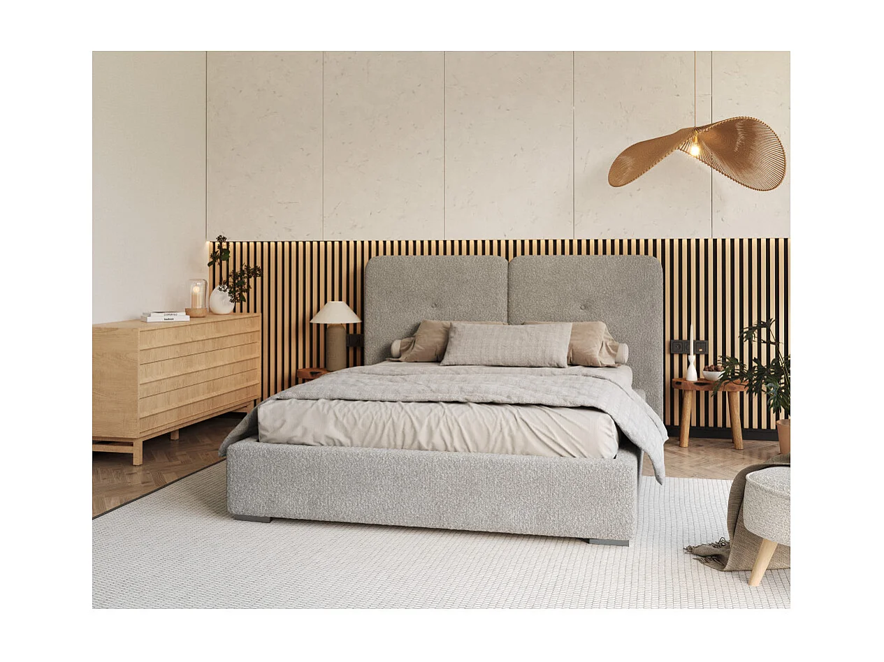 Lit coffre Bedretti 140 x 190 cm - Tissu bouclette - avec sommier à lattes relevable Gris Clair