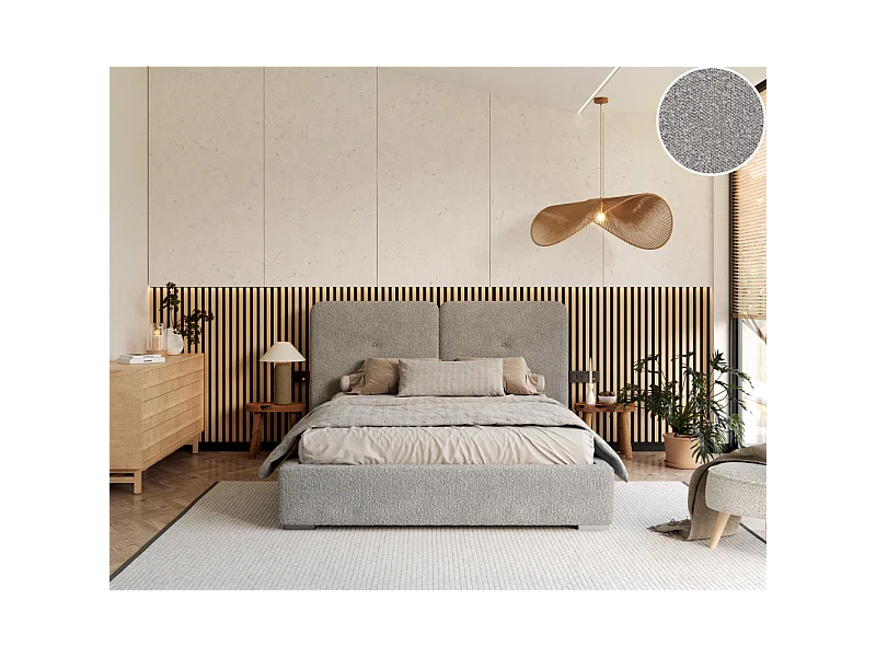 Lit coffre Bedretti 140 x 190 cm - Tissu bouclette - avec sommier à lattes relevable Gris Clair