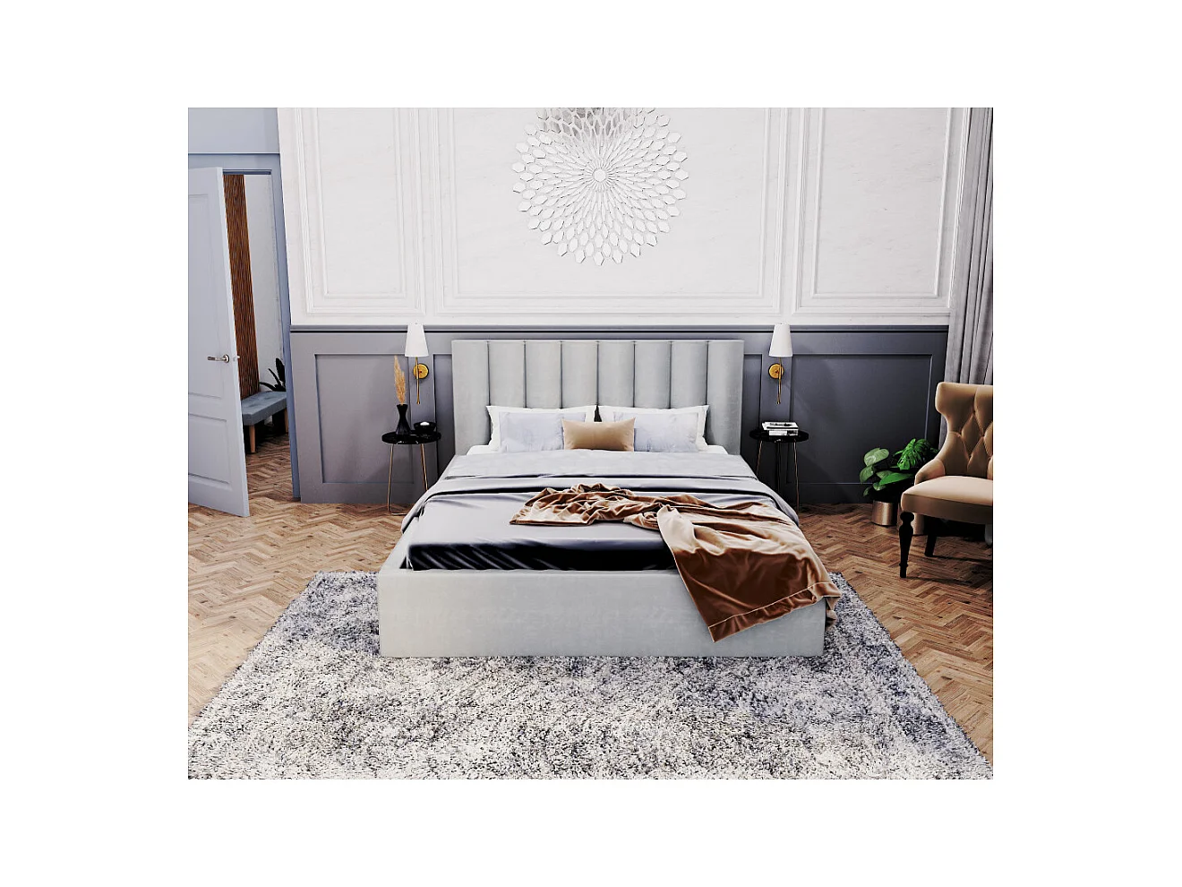 Lit coffre Lorado 140 x 190 cm avec sommier à lattes relevable Gris Clair