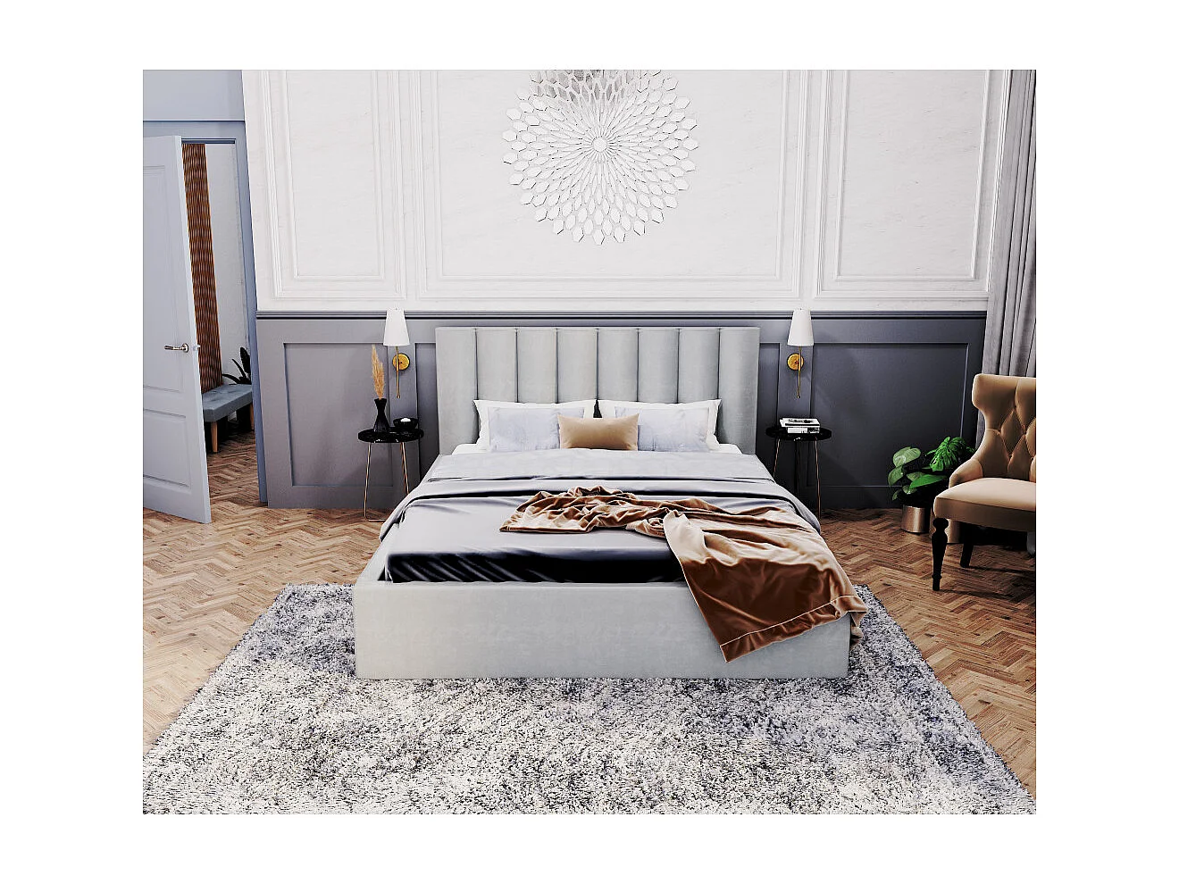 Lit coffre Lorado 140 x 190 cm avec sommier à lattes relevable Gris Clair