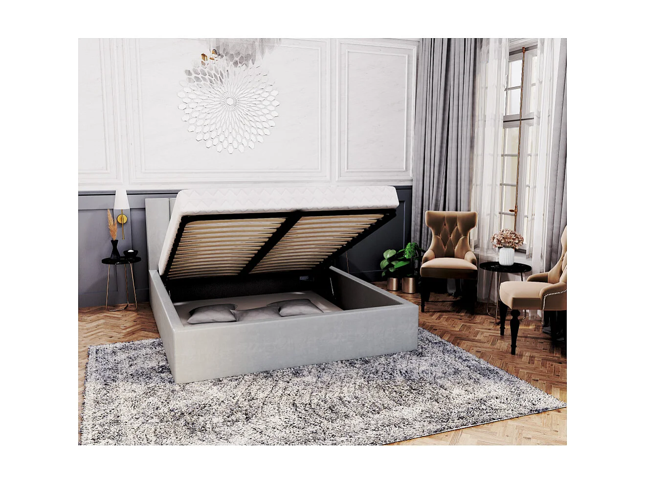 Lit coffre Lorado 140 x 190 cm avec sommier à lattes relevable Gris Clair