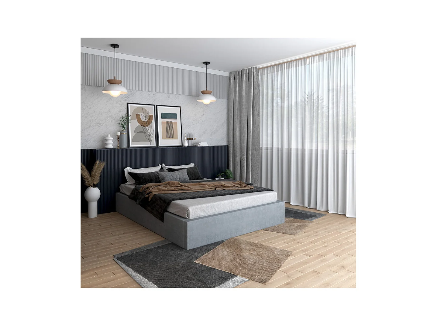 Lit coffre Orlane 140 x 190 cm avec sommier à lattes relevable Gris Clair