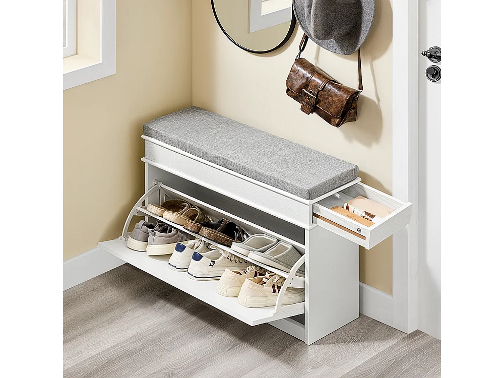 SoBuy Armario zapatero con banco de asiento para ahorrar espacio madera efecto envejecida blanco 75x24x51cm