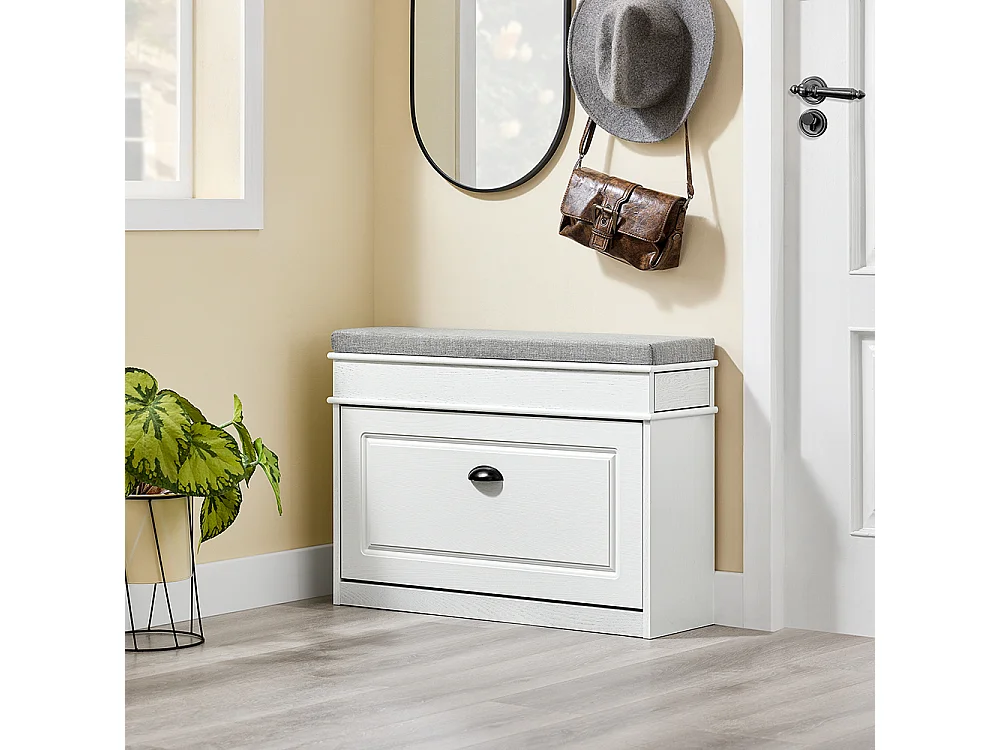 SoBuy Armario zapatero con banco de asiento para ahorrar espacio madera efecto envejecida blanco 75x24x51cm