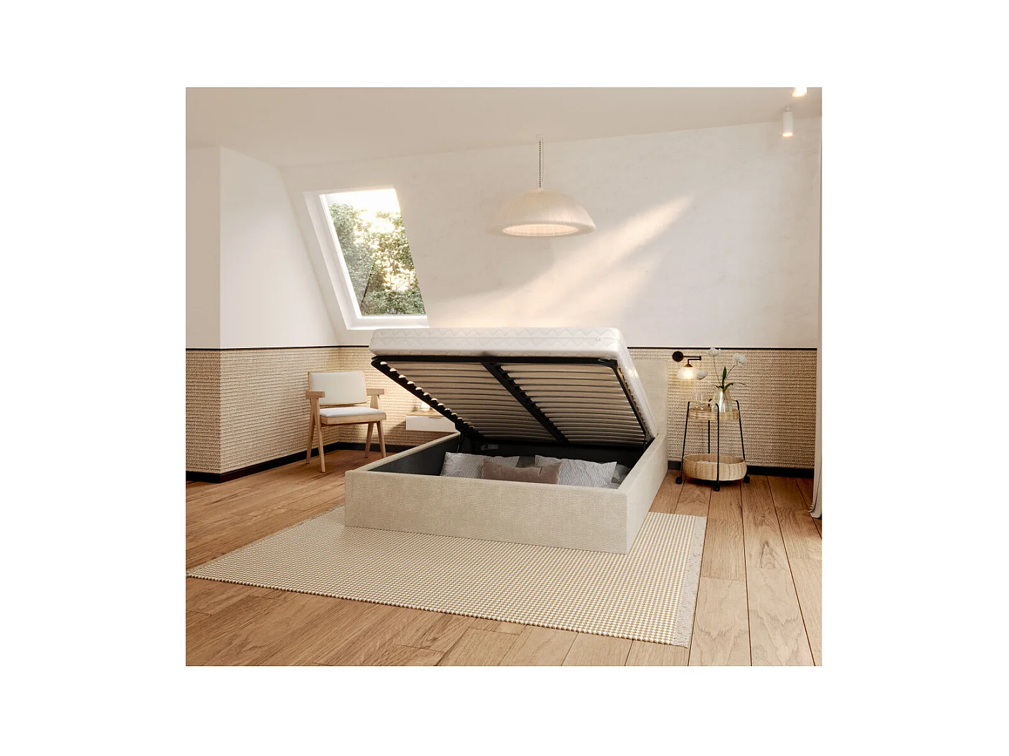 Lit coffre Tolsa 120 x 200 cm avec sommier à lattes relevable Créme