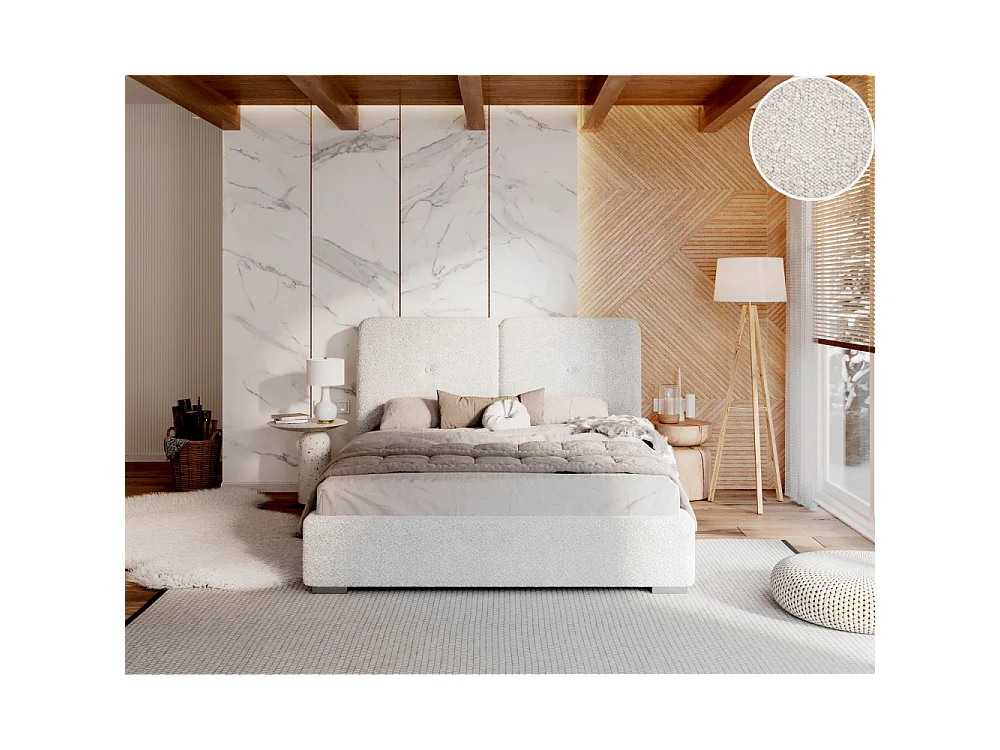 Lit coffre Bedretti 160 x 200 cm - Tissu bouclette - avec sommier à lattes relevable Blanc