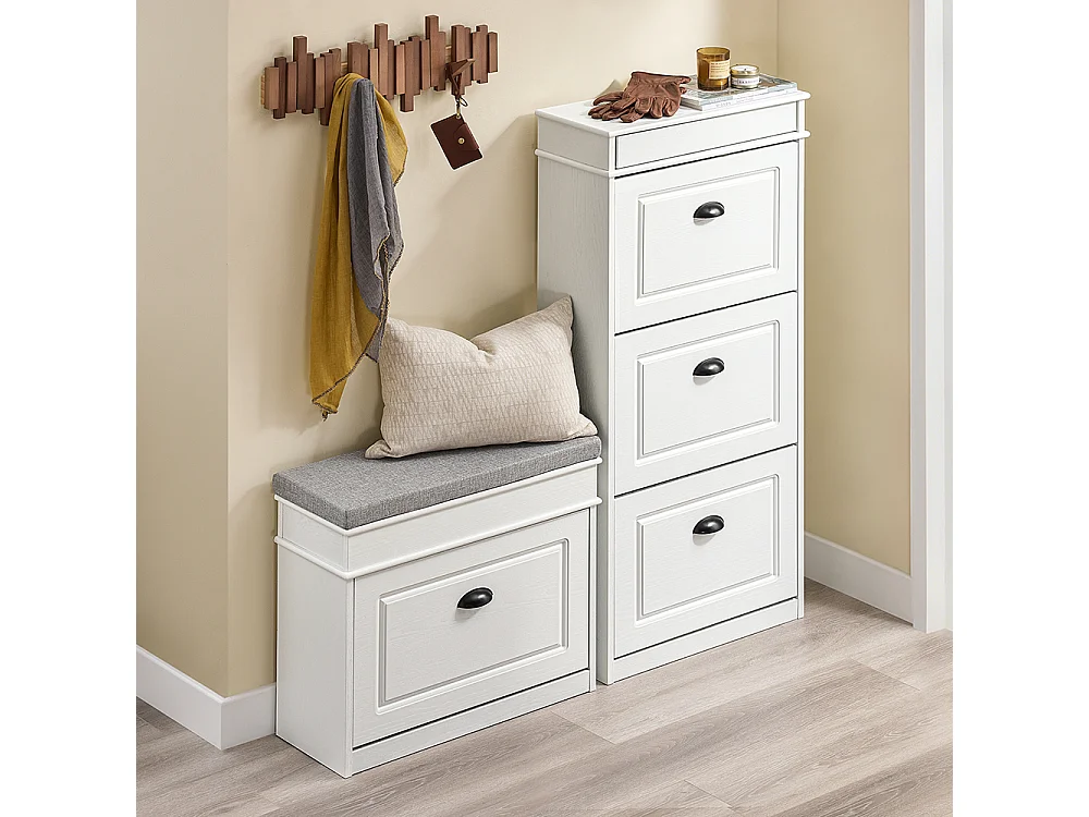 SoBuy Meuble à chaussures compact avec 3 portes pliantes moderne effet bois vieilli blanc 53x24x118cm