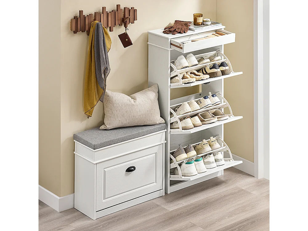 SoBuy Meuble à chaussures compact avec 3 portes pliantes moderne effet bois vieilli blanc 53x24x118cm