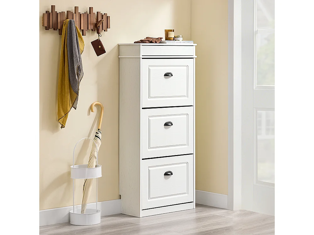 SoBuy Meuble à chaussures compact avec 3 portes pliantes moderne effet bois vieilli blanc 53x24x118cm