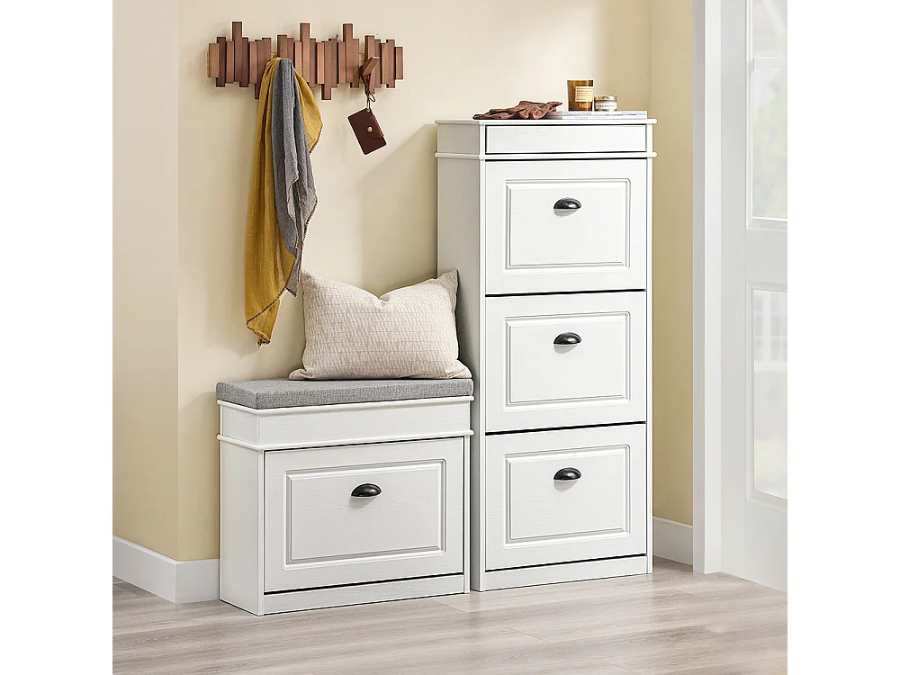 SoBuy Meuble à chaussures compact avec 3 portes pliantes moderne effet bois vieilli blanc 53x24x118cm