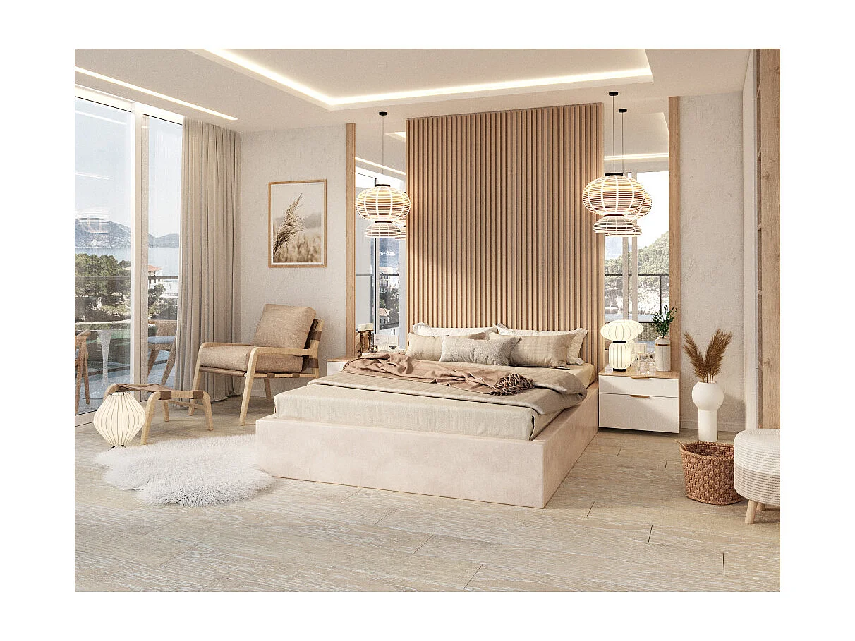 Lit coffre Orlane 180 x 200 cm avec sommier à lattes relevable Crème