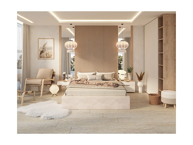 Lit coffre Orlane 160 x 200 cm avec sommier à lattes relevable Crème