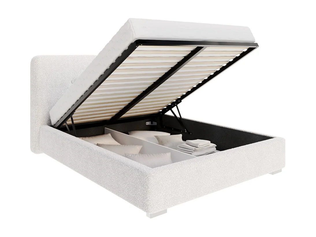 Lit coffre Bedretti 140 x 190 cm - Tissu bouclette - avec sommier à lattes relevable Blanc