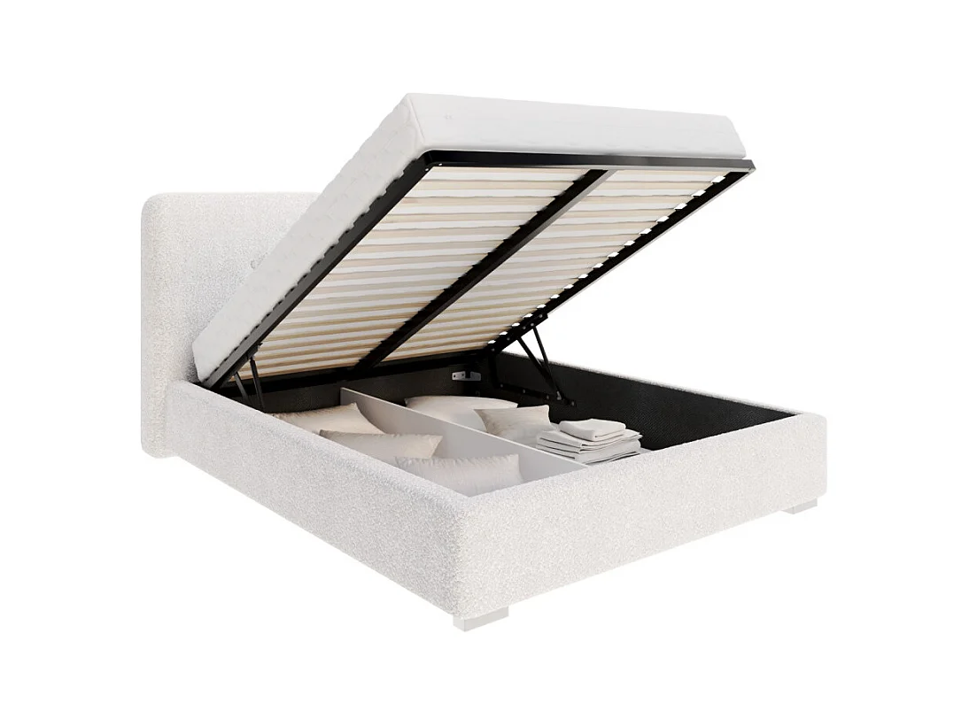 Lit coffre Bedretti 140 x 200 cm - Tissu bouclette - avec sommier à lattes relevable Blanc