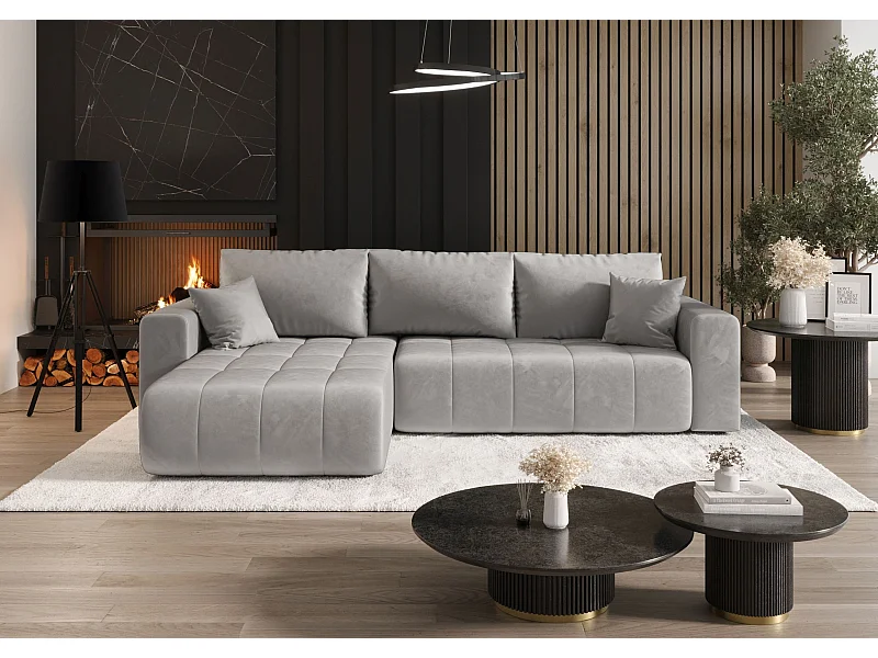 Narożnik z funkcją spania MILO Monolith 84 jasnoszary lewy sofa w kształcie L z pojemnikiem na pościel sofa do salonu, sofa rozkładana, sofa z pojemnikiem
