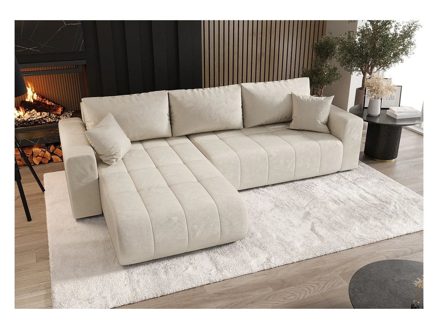 ECKSOFA mit Schlaffunktion MILO Monolith 02 Creme Links L-Form Sofa mit Stauraum Bettkasten Wohnzimmersofa Couch Sofa Bettsofa Bettkasten Bettcouch