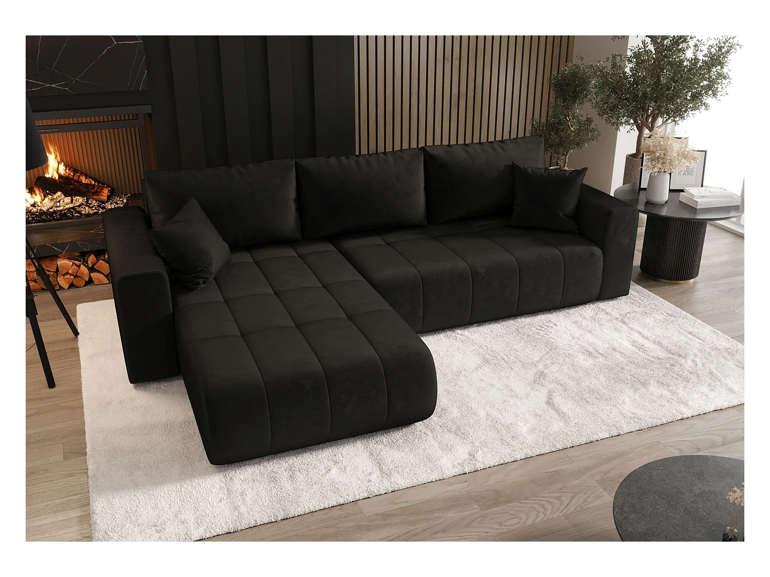 ECKSOFA mit Schlaffunktion MILO Monolith 95 Schwarz Links L-Form Sofa mit Stauraum Bettkasten Wohnzimmersofa Couch Sofa Bettsofa Bettkasten Bettcouch