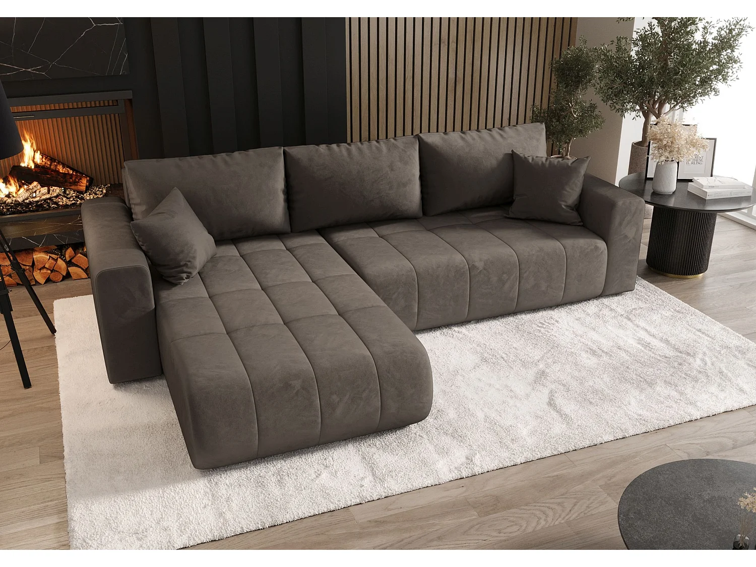 Hoekbank met slaapfunctie MILO Monolith 15 bruin links L-vormige bank met opbergruimte woonkamerbank, slaapbank, bank met opbergruimte