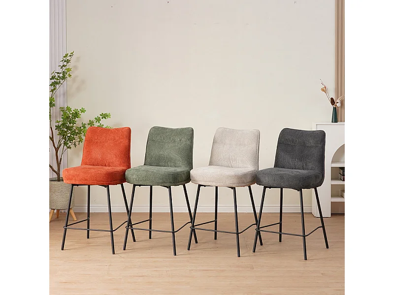 Tabouret de bar Léon tissu gris pieds métal