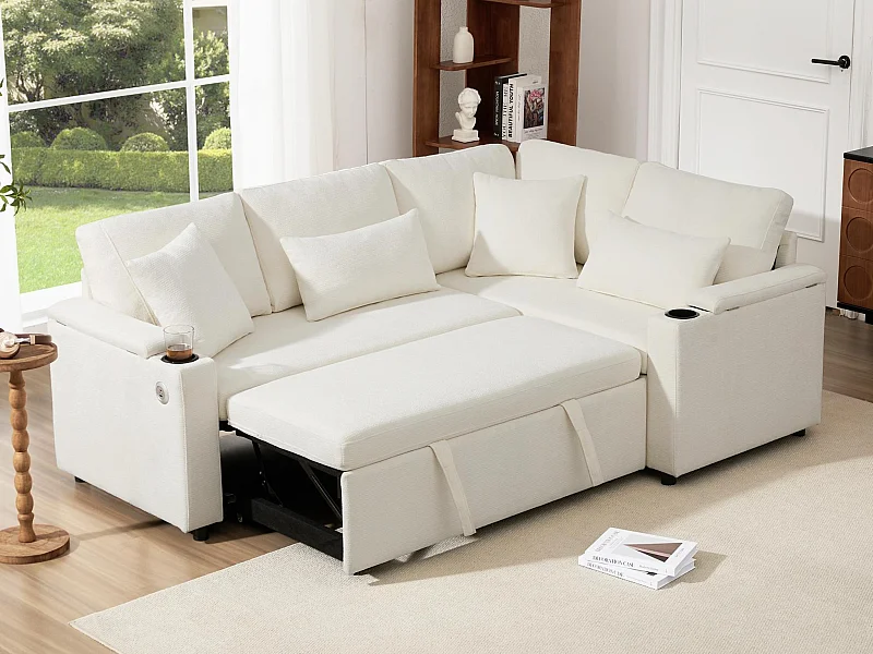 L-förmiges ausziehbares Ecksofa - mit Stauraum - mit Getränkehalter - USB-Ladeanschluss - mit Kissen - beige