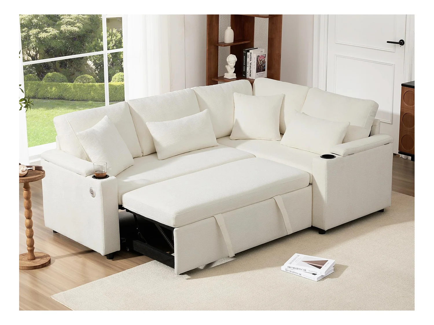 Canapé d'angle rétractable en L - avec espace de rangement - avec porte-gobelet - port de chargement USB  - avec coussins - beige