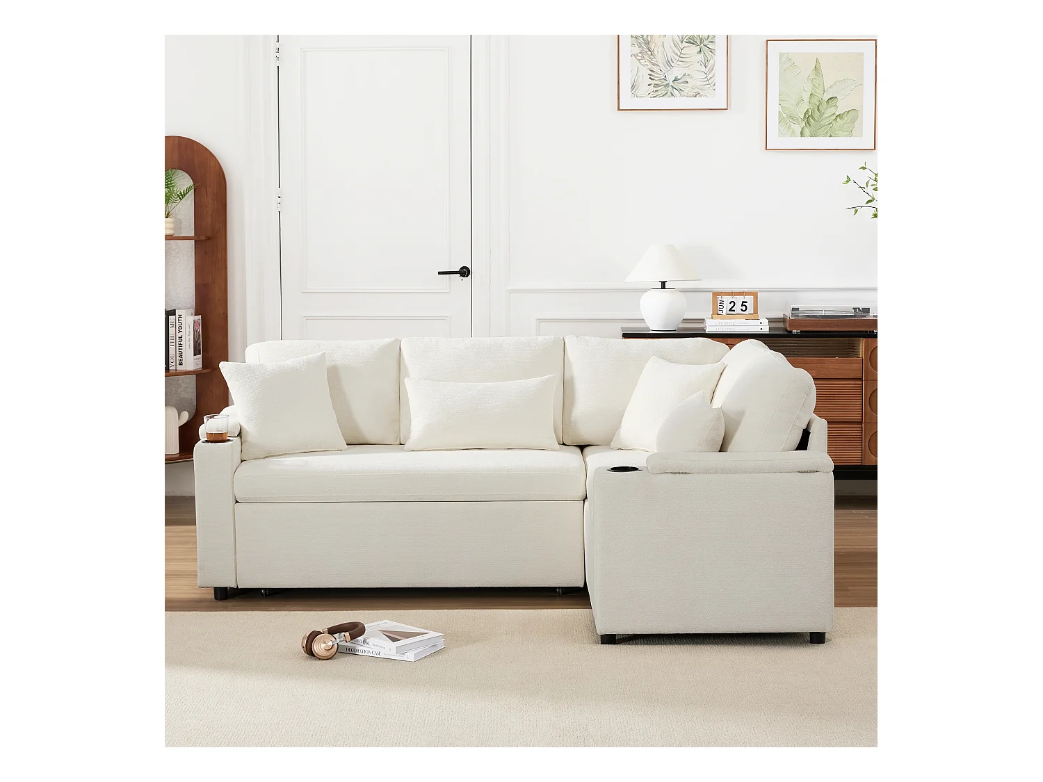 Canapé d'angle rétractable en L - avec espace de rangement - avec porte-gobelet - port de chargement USB  - avec coussins - beige