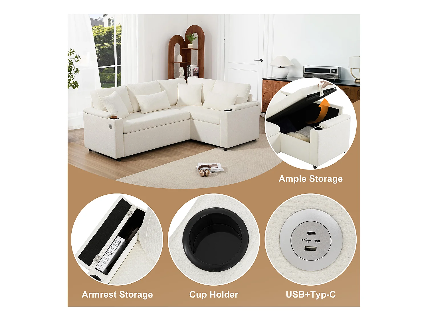 Canapé d'angle rétractable en L - avec espace de rangement - avec porte-gobelet - port de chargement USB  - avec coussins - beige