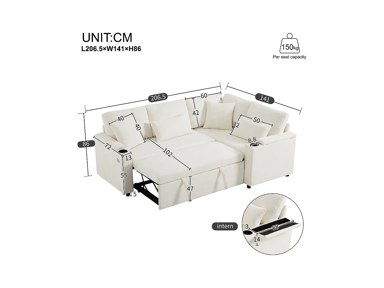 Canapé d'angle rétractable en L - avec espace de rangement - avec porte-gobelet - port de chargement USB  - avec coussins - beige