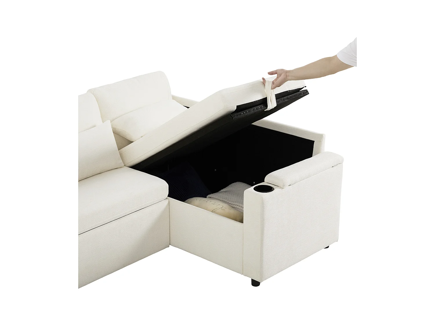 Canapé d'angle rétractable en L - avec espace de rangement - avec porte-gobelet - port de chargement USB  - avec coussins - beige