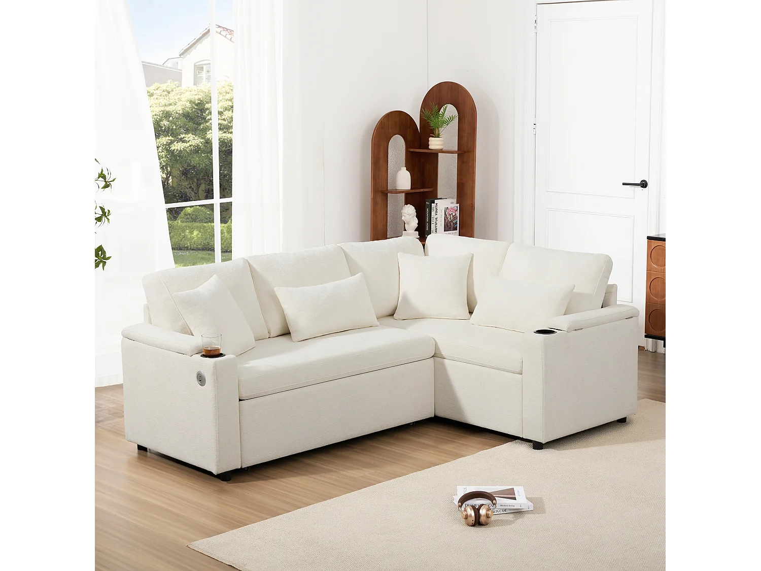 L-förmiges ausziehbares Ecksofa - mit Stauraum - mit Getränkehalter - USB-Ladeanschluss - mit Kissen - beige