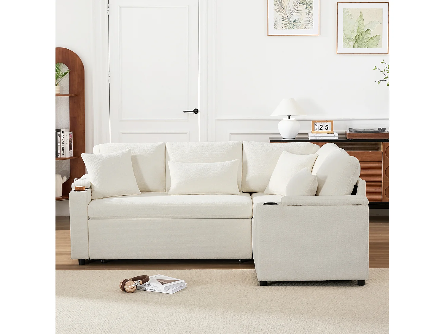 L-förmiges ausziehbares Ecksofa - mit Stauraum - mit Getränkehalter - USB-Ladeanschluss - mit Kissen - beige