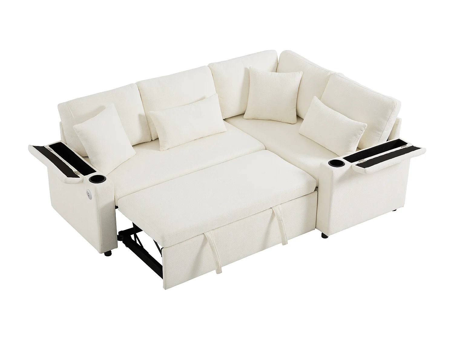 L-förmiges ausziehbares Ecksofa - mit Stauraum - mit Getränkehalter - USB-Ladeanschluss - mit Kissen - beige