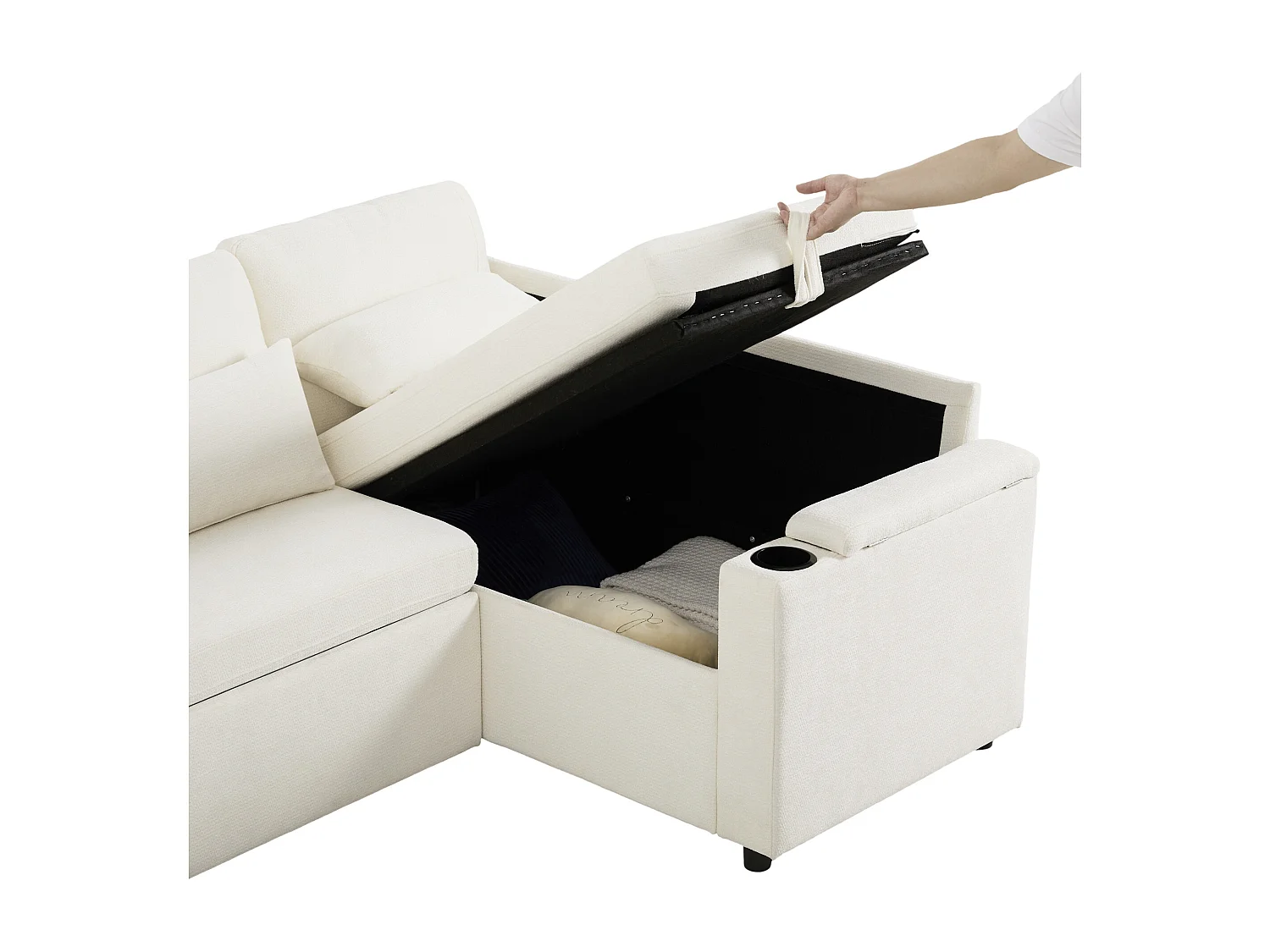 L-förmiges ausziehbares Ecksofa - mit Stauraum - mit Getränkehalter - USB-Ladeanschluss - mit Kissen - beige