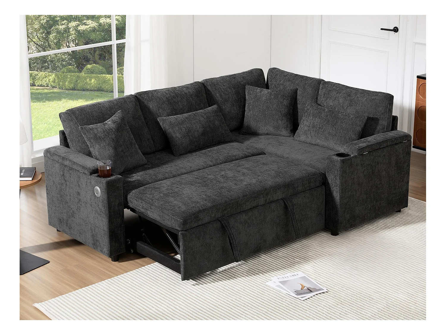 Canapé d'angle rétractable en L - avec espace de rangement - avec porte-gobelet - port de chargement USB  - avec coussins - gris