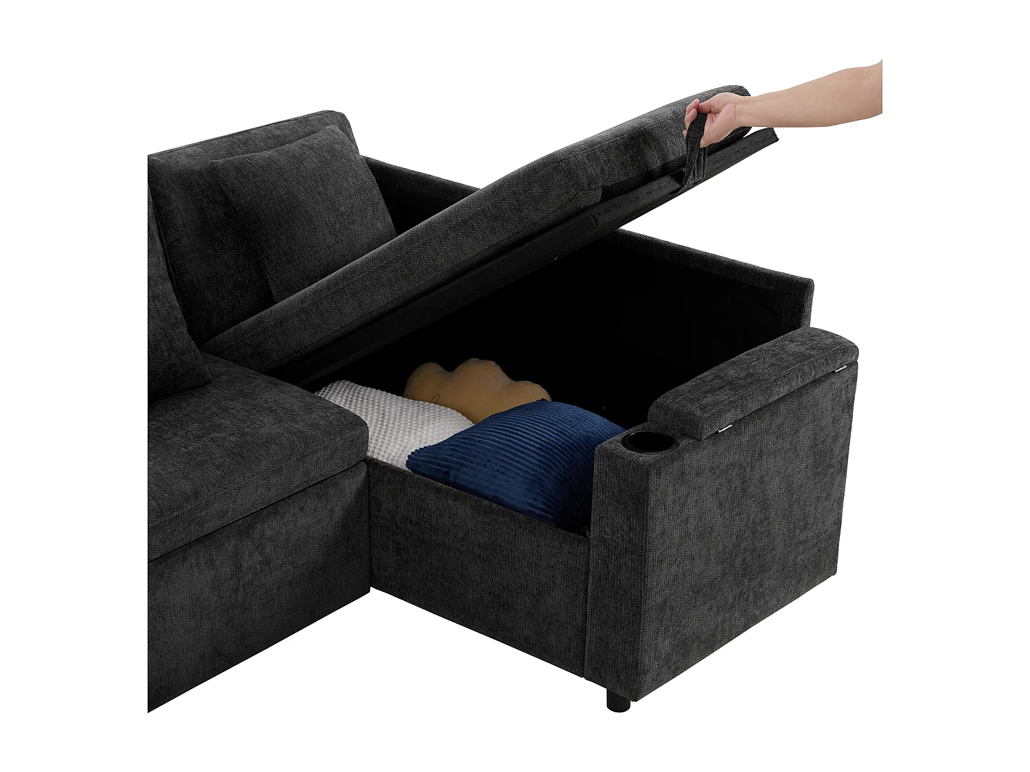 L-förmiges ausziehbares Ecksofa - mit Stauraum - mit Getränkehalter - USB-Ladeanschluss - mit Kissen - grau