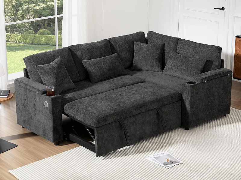 L-förmiges ausziehbares Ecksofa - mit Stauraum - mit Getränkehalter - USB-Ladeanschluss - mit Kissen - grau