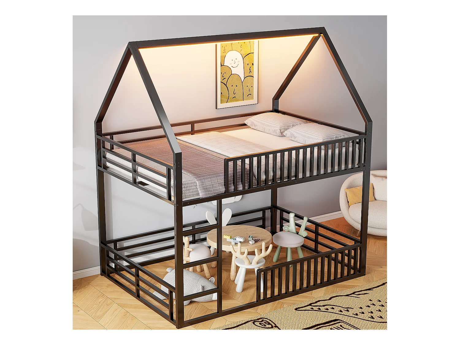 Letto a castello per bambini nero 140x200cm con illuminazione a LED, barriera e scaletta, struttura in metallo (senza materasso)