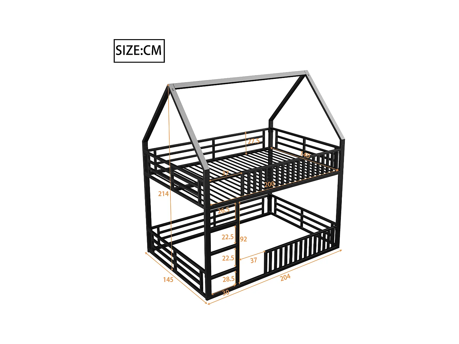 Lit superposé cabane enfant noir 140x200cm avec éclairage LED, barrière et échelle, structure en métal (sans matelas)