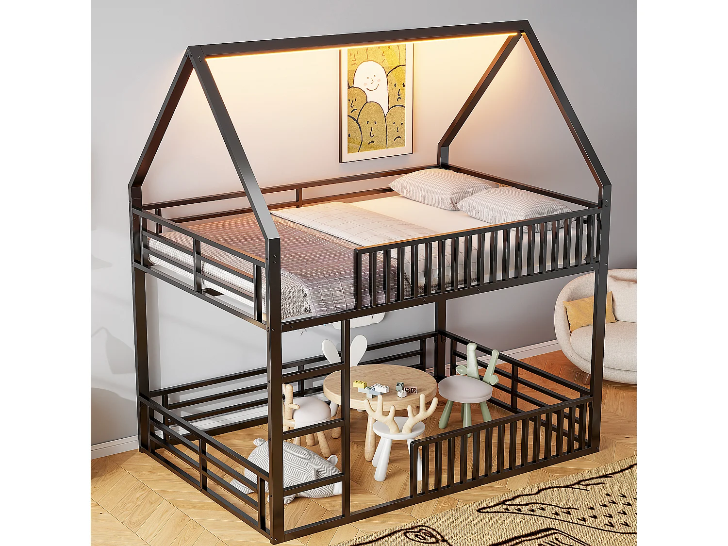 Zwarte kinder stapelbed 140x200cm met LED-verlichting, barrière en ladder, metalen frame (zonder matras)