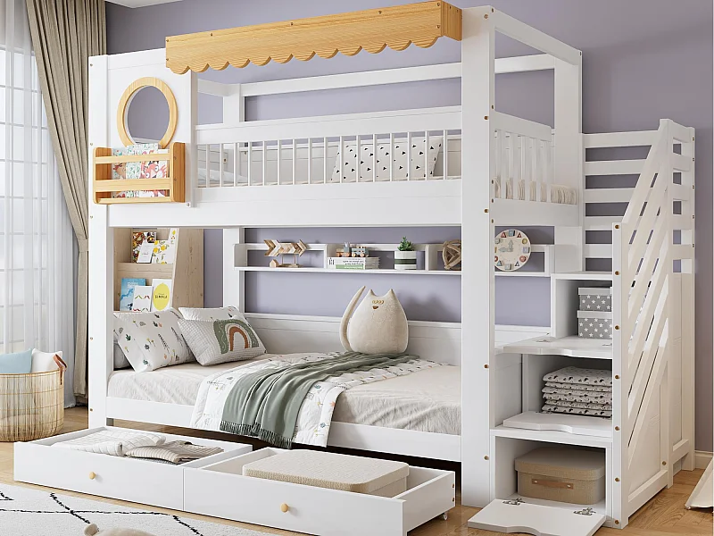 Litera 90x200cm - con 2 cajones - escalera con almacenamiento - con estantes - Madera maciza + MDF - Blanco + Natural (sin colchón)