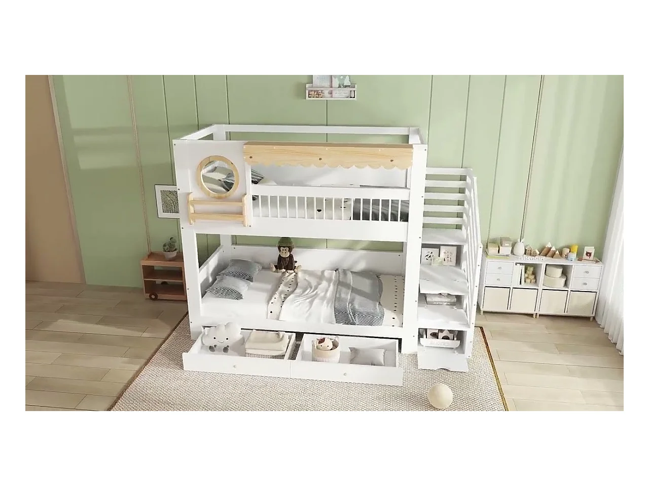 Lit superposé 90x200cm - avec 2 tiroirs - escalier avec rangement - avec étagères - Bois massif + MDF - Blanc + Naturel (sans matelas)