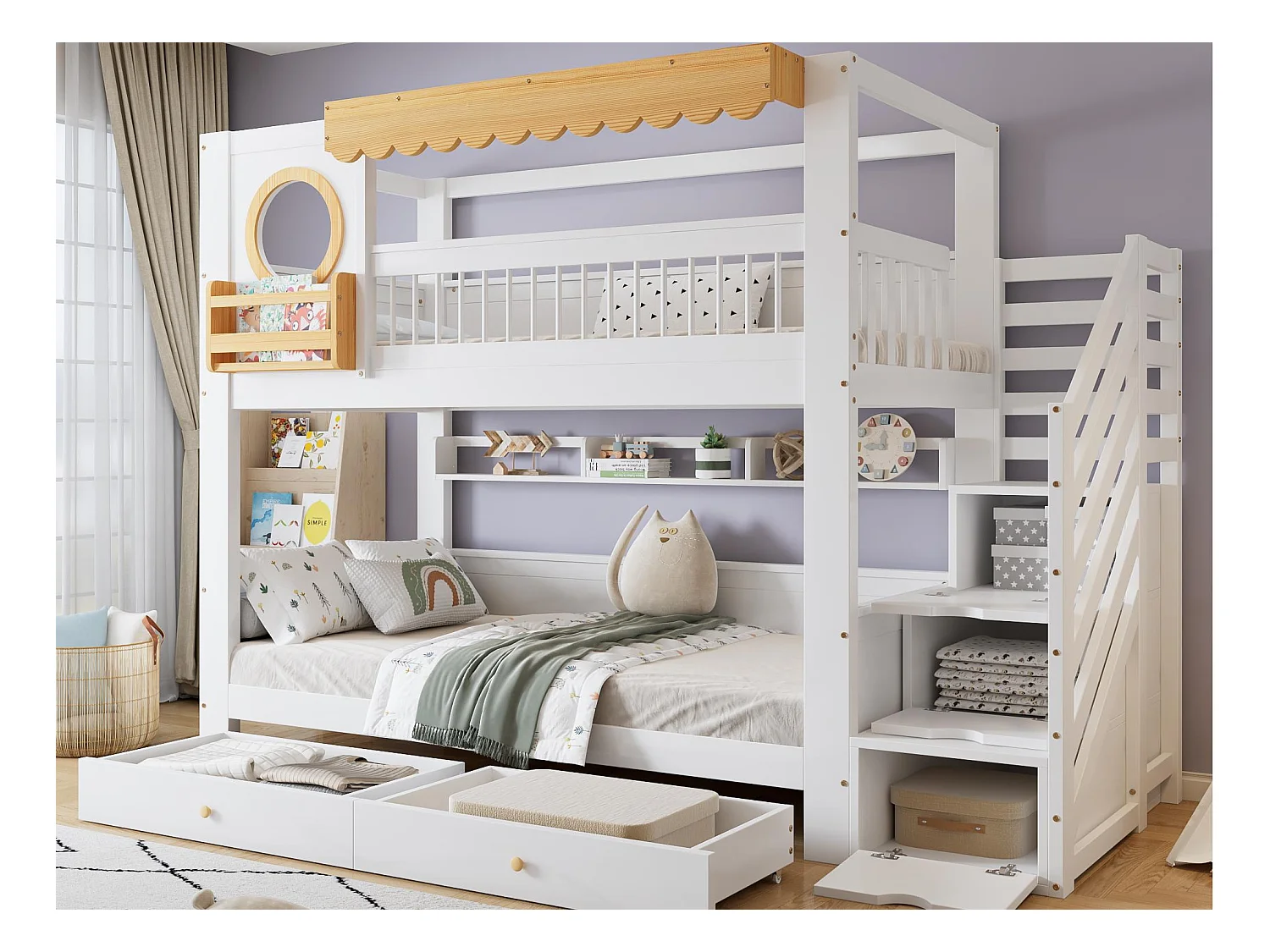 Lit superposé 90x200cm - avec 2 tiroirs - escalier avec rangement - avec étagères - Bois massif + MDF - Blanc + Naturel (sans matelas)