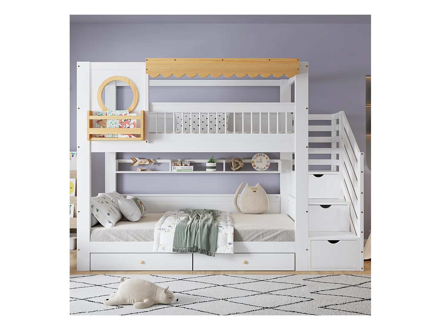 Lit superposé 90x200cm - avec 2 tiroirs - escalier avec rangement - avec étagères - Bois massif + MDF - Blanc + Naturel (sans matelas)