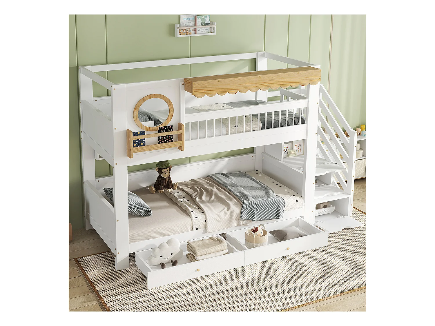 Lit superposé 90x200cm - avec 2 tiroirs - escalier avec rangement - avec étagères - Bois massif + MDF - Blanc + Naturel (sans matelas)