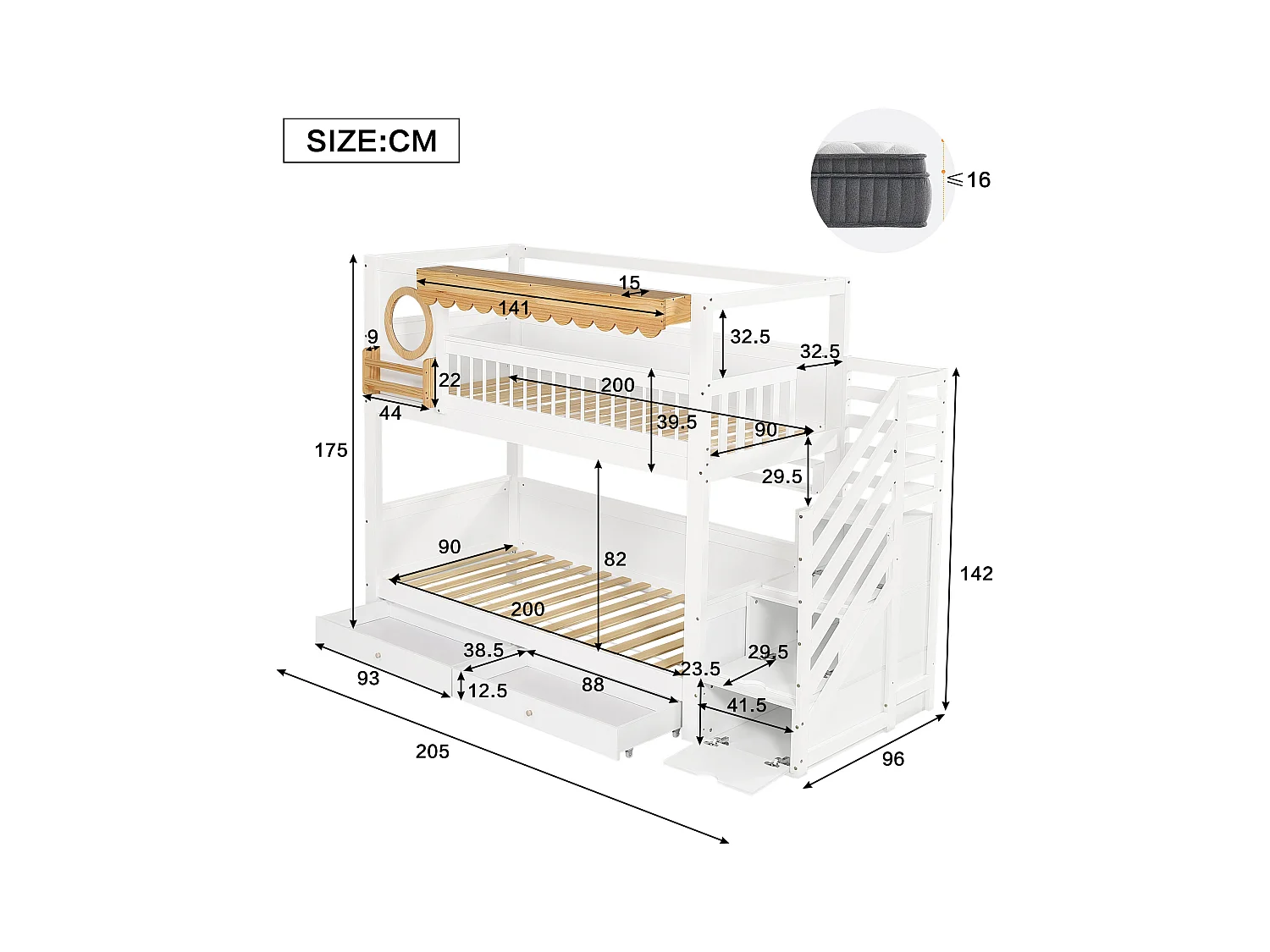 Lit superposé 90x200cm - avec 2 tiroirs - escalier avec rangement - avec étagères - Bois massif + MDF - Blanc + Naturel (sans matelas)