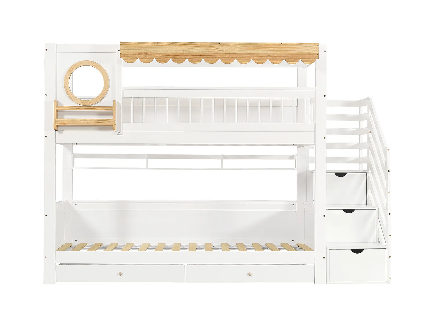 Lit superposé 90x200cm - avec 2 tiroirs - escalier avec rangement - avec étagères - Bois massif + MDF - Blanc + Naturel (sans matelas)