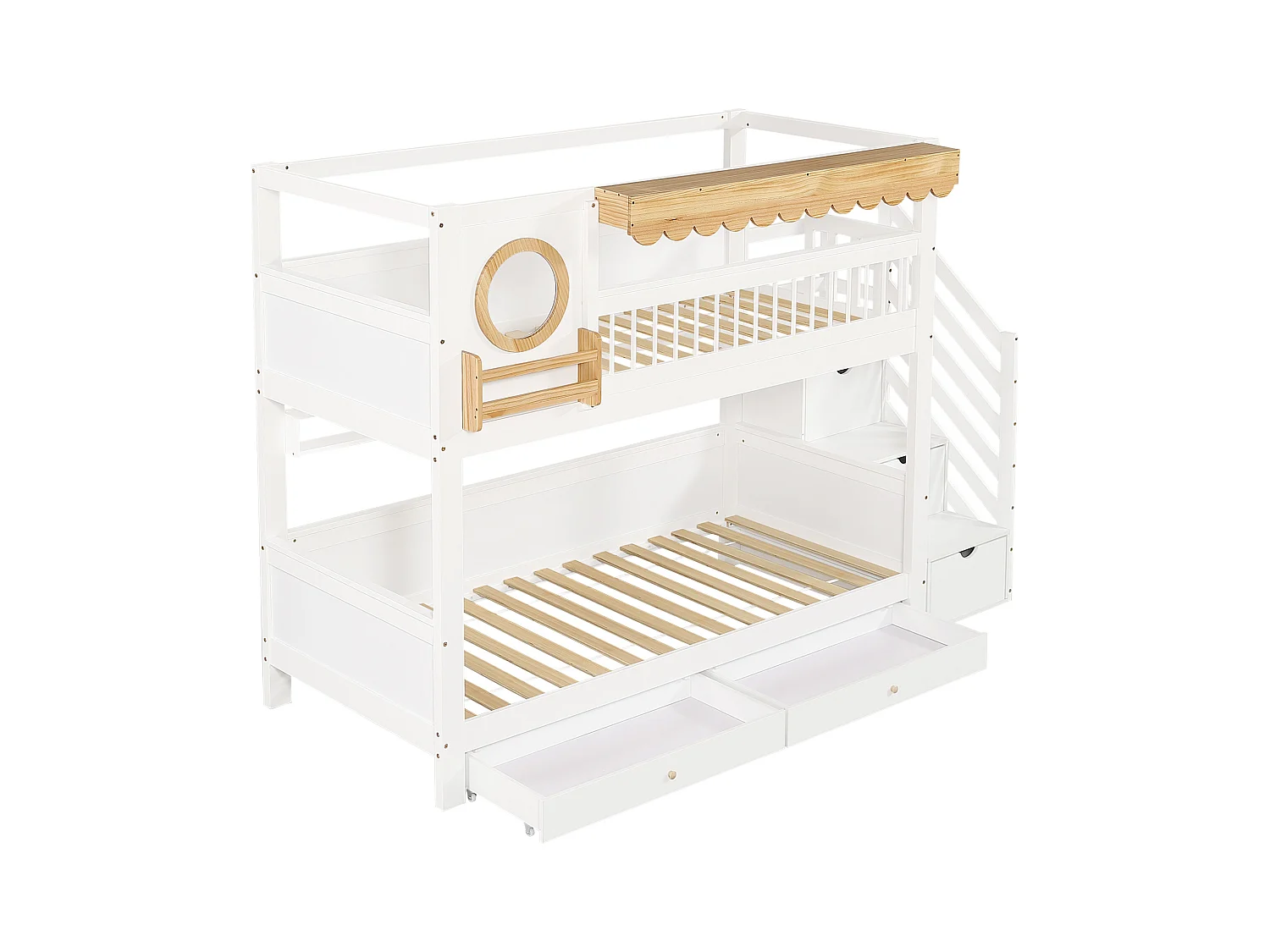 Lit superposé 90x200cm - avec 2 tiroirs - escalier avec rangement - avec étagères - Bois massif + MDF - Blanc + Naturel (sans matelas)