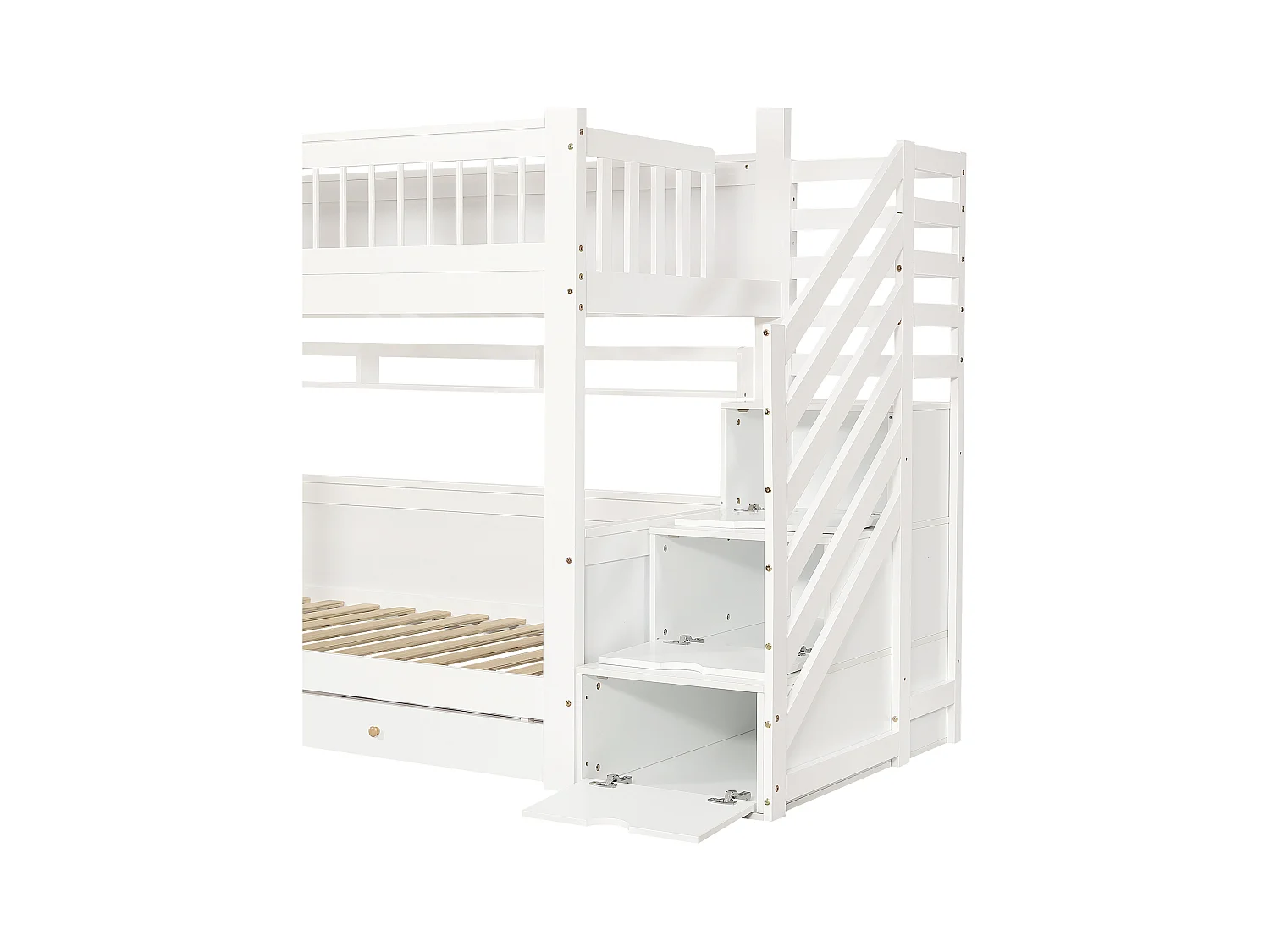 Lit superposé 90x200cm - avec 2 tiroirs - escalier avec rangement - avec étagères - Bois massif + MDF - Blanc + Naturel (sans matelas)